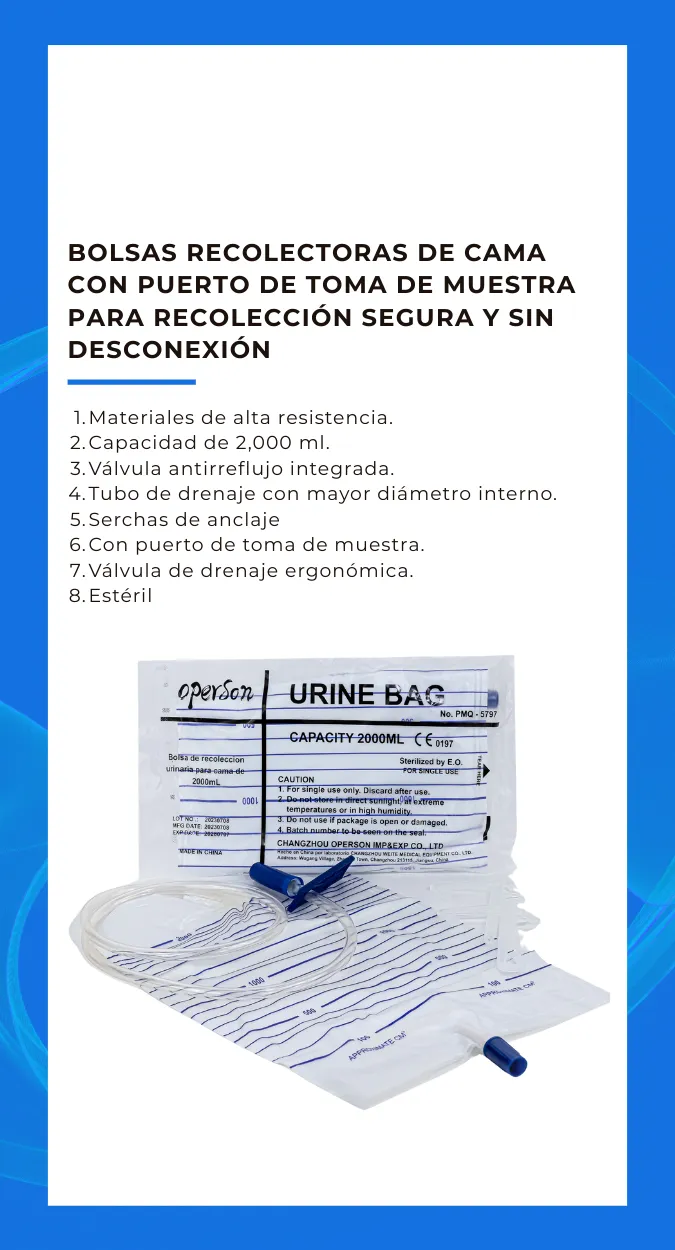 Ficha de producto: bolsas recolectoras urinarias para cama con puerto de toma de muestra, capacidad 2,000 ml, para recolección segura